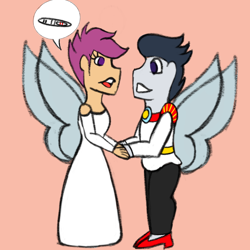 Size: 800x800 | Tagged: safe, artist:mintymelody, rumble, scootaloo, fairy, equestria girls, g4, clothes, dress, female, implied pregnancy, male, pregnant, ship:rumbloo, shipping, straight, tomboy taming, wedding dress, wings