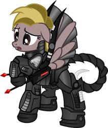 Size: 3015x3563 | Tagged: safe, artist:php178, derpibooru exclusive, oc, oc only, oc:spirestone, pegasus, pony, fallout equestria, fallout equestria: project horizons, .svg available, armor, base used, black, concerned, dart, dart launcher, enclave, enclave armor, fanfic art, female, high res, insignia, mare, pegasus oc, raised hoof, red, scorpion tail, simple background, solo, svg, transparent background, vector, wings