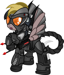 Size: 3015x3563 | Tagged: safe, artist:php178, derpibooru exclusive, oc, oc only, oc:spirestone, pegasus, pony, fallout equestria, fallout equestria: project horizons, .svg available, armor, base used, black, concerned, dart, dart launcher, enclave, enclave armor, fanfic art, female, high res, insignia, mare, orange (color), pegasus oc, raised hoof, red, scorpion tail, simple background, solo, svg, transparent background, vector, wings