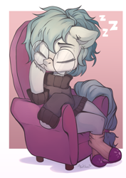 Size: 2894x4093 | Tagged: safe, artist:sofiko-ko, oc, oc only, oc:whispy slippers, earth pony, pony, armchair, chair, clothes, glasses, sitting, sleeping, slippers, socks, sweater, turtleneck