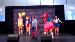 Size: 680x382 | Tagged: safe, artist:step2harmony, applejack, fluttershy, pinkie pie, rainbow dash, rarity, twilight sparkle, human, equestria girls, g4, animated, cafeteria, clothes, converse, cosplay, costume, dancer, dancing, gif, irl, photo, shoes, skirt