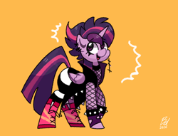 Size: 1024x784 | Tagged: safe, artist:opossum-stuff, twilight sparkle, alicorn, pony, g4, alternate hairstyle, boots, clothes, female, fishnet clothing, fishnet stockings, mare, punklight sparkle, shoes, solo, spiked wristband, twilight sparkle (alicorn), wristband