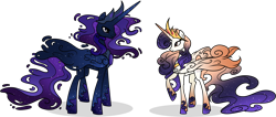 Size: 5623x2381 | Tagged: safe, artist:helenosprime, oc, oc:king cosmos, oc:queen galaxia, alicorn, pony, alicorn oc, celestia and luna's father, celestia and luna's mother, crown, ethereal mane, female, galamos, horn, jewelry, male, mare, raised hoof, regalia, simple background, stallion, transparent background, wings