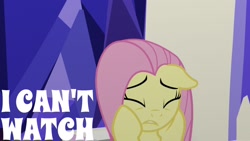 Size: 1920x1080 | Tagged: safe, edit, edited screencap, editor:quoterific, screencap, fluttershy, pegasus, pony, father knows beast, g4, eyes closed, female, scared, solo, teeth, throne room, twilight's castle
