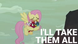 Size: 1920x1080 | Tagged: safe, edit, edited screencap, editor:quoterific, screencap, baby cinder, baby rubble, baby sparks, fluttershy, dragon, pegasus, pony, g4, sweet and smoky, baby, baby dragon, eyes closed, female, flying, hug, male