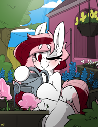 Size: 2550x3300 | Tagged: safe, artist:bbsartboutique, oc, oc only, oc:toricelli, pegasus, pony, barn, bluebonnet (flower), blushing, cheek fluff, chest fluff, clothes line, complex background, daisy (flower), fluffy, foliage, high res, one eye closed, pegasus oc, pubic fluff, shading, solo, tree, tulip, watering can, wings