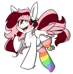 Size: 2550x2590 | Tagged: safe, artist:bbsartboutique, oc, oc only, oc:toricelli, pegasus, pony, amputee, blushing, cheek fluff, chest fluff, clothes, fluffy, high res, rainbow socks, simple background, smiling, socks, solo, striped socks