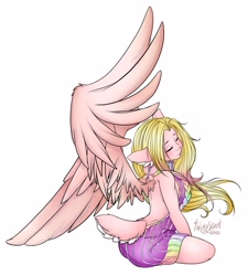 Size: 2088x2316 | Tagged: safe, artist:tawnysweet, oc, oc only, oc:mio, pegasus, anthro, backless, clothes, deer tail, eyes closed, female, freckles, high res, human facial structure, large wings, open-back sweater, shoulder freckles, simple background, sleeveless sweater, solo, spread wings, sweater, virgin killer sweater, white background, wings
