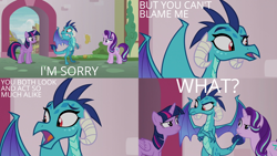 Size: 2000x1125 | Tagged: safe, edit, edited screencap, editor:quoterific, screencap, princess ember, starlight glimmer, twilight sparkle, alicorn, dragon, pony, unicorn, g4, triple threat, confused, crossed arms, dragoness, female, honest mistake, horns, mare, offended, open mouth, raised eyebrow, similarities, starlight glimmer is not amused, trio, twilight sparkle (alicorn), twilight sparkle is not amused, unamused