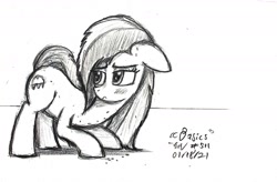 Size: 1856x1216 | Tagged: safe, artist:johnerose126, oc, oc only, oc:claire denim, earth pony, pony, female, floppy ears, mare, monochrome, sketch, solo, traditional art