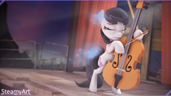 Size: 3840x2160 | Tagged: safe, artist:steamyart, octavia melody, earth pony, pony, fallout equestria, g4, 3d, bipedal, bow (instrument), cello, cello bow, curtains, eyes closed, female, fence, high res, hoof hold, mare, musical instrument, playing instrument, recursive fanart, remake, sky, solo, source filmmaker