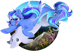 Size: 1280x897 | Tagged: safe, artist:woonborg, oc, oc only, dolphin, seapony (g4), blue eyes, bubble, chest fluff, commission, coral, coral reef, ear fluff, eyelashes, fin wings, fish tail, flowing mane, ocean, open mouth, smiling, solo, swimming, tail, underwater, water, wings