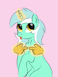 Size: 1000x1333 | Tagged: safe, artist:kusturbrick, lyra heartstrings, pony, unicorn, g4, cute, female, glowing horn, hand, horn, looking back, lyrabetes, magic, magic hands, mare, pink background, pointing, simple background, sitting, solo, that pony sure does love hands, that pony sure does love humans, tongue out