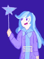 Size: 1200x1600 | Tagged: safe, artist:saoirs-rain, trixie, human, g4, :d, female, happy, humanized, long hair, purple background, simple background, smiling, solo, stars, wand