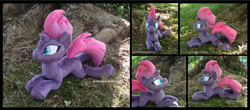 Size: 3997x1754 | Tagged: safe, artist:peruserofpieces, tempest shadow, pony, unicorn, g4, beanie (plushie), broken horn, female, happy, horn, irl, looking at you, lying down, mare, photo, plushie, prone, smiling, smiling at you, solo, sploot, tree