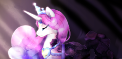 Size: 1496x723 | Tagged: dead source, safe, artist:micealbinoska, idw, princess amore, pony, unicorn, g4, crown, crying, curly mane, digital art, eyelashes, eyes closed, female, horn, jewelry, looking down, mare, necklace, petrification, regalia, solo, teary eyes