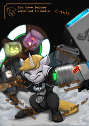 Size: 1696x2400 | Tagged: safe, artist:imadeoos, oc, oc:littlepip, pony, fallout equestria, addiction, armor, fallout, fallout: new vegas, hallucination, med-x, pipbuck, stealth suit