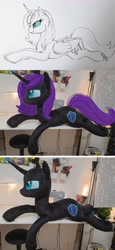 Size: 1984x4302 | Tagged: safe, artist:epicrainbowcrafts, oc, oc only, oc:nyx, alicorn, pony, adult, alicorn oc, female, horn, irl, mare, photo, plushie, sketch, wings, wip