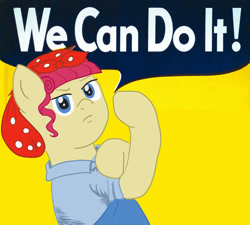Size: 1024x923 | Tagged: safe, artist:wrath-marionphauna, torque wrench, earth pony, pony, g4, rainbow roadtrip, female, mare, rosie the riveter, solo, we can do it!