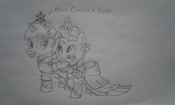 Size: 2560x1536 | Tagged: safe, artist:peternators, star tracker, oc, oc:heroic armour, earth pony, pony, unicorn, g4, the last problem, blushing, clothes, colt, coronation dress, cosplay, costume, crossdressing, crossplay, crown, dress, freckles, hoof around neck, jewelry, male, monochrome, regalia, second coronation dress, shoes, sketch, solo, starcrossed, teenager, text, traditional art