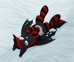 Size: 3000x2500 | Tagged: safe, artist:keupoz, oc, oc only, oc:shadow sky, bat pony, pony, bat pony oc, bat wings, bed, bondage, clothes, high res, lying down, lying on bed, on bed, socks, solo, striped socks, tongue out, wings