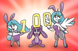 Size: 790x521 | Tagged: safe, artist:banebuster, princess celestia, alicorn, pony, anthro, semi-anthro, series:tiny tia, g4, animal costume, arm hooves, bipedal, breasts, bunny costume, bunny suit, bunnylestia, cewestia, clothes, costume, cute, cutelestia, duality, female, filly, mare, open mouth, pink-mane celestia, pointy ponies, simple background, younger