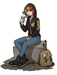 Size: 900x1200 | Tagged: safe, artist:asimos, rainbow dash, human, g4, bag, block, boots, clothes, cup, drink, female, hoodie, humanized, pants, shoes, simple background, sitting, solo, white background