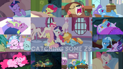 Size: 1974x1111 | Tagged: safe, edit, edited screencap, editor:quoterific, screencap, angel bunny, apple bloom, applejack, fluttershy, gallus, goldy wings, lilac swoop, loganberry, ocellus, pinkie pie, rainbow dash, rarity, sandbar, silverstream, spike, starlight glimmer, sweetie belle, trixie, twilight sparkle, yona, alicorn, changeling, dragon, earth pony, griffon, hippogriff, pegasus, pony, unicorn, yak, a horse shoe-in, bloom & gloom, g4, going to seed, mmmystery on the friendship express, princess spike, road to friendship, she's all yak, sleepless in ponyville, somepony to watch over me, what lies beneath, applejack's hat, blanket, bow, clothes, collage, cowboy hat, cuddle puddle, cuddling, ear plugs, eyes closed, female, filly, friendship student, hat, mane seven, mane six, open mouth, pillow, pony pile, sleeping, tired eyes, trixie is not amused, trixie's hat, twilight sparkle (alicorn), unamused, uvula