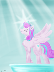 Size: 1800x2400 | Tagged: safe, artist:rockhoppr3, princess flurry heart, alicorn, pony, g4, crepuscular rays, crown, eyes closed, jewelry, older, older flurry heart, regalia, solo, spread wings, wings