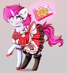 Size: 2004x2193 | Tagged: safe, artist:krissstudios, oc, oc only, pony, unicorn, clothes, female, food, high res, magic, maid, mare, pizza, solo