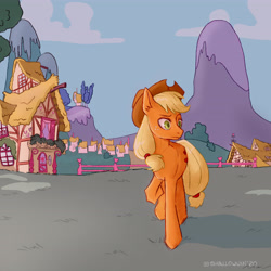 Size: 4724x4724 | Tagged: safe, artist:shallowwin, applejack, earth pony, pony, g4, applejack's hat, building, cowboy hat, female, fence, freckles, hat, house, mare, ponyville, raised hoof, raised leg, solo, tree