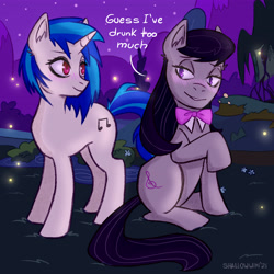 Size: 4134x4134 | Tagged: safe, artist:shallowwin, dj pon-3, octavia melody, vinyl scratch, earth pony, firefly (insect), insect, pony, unicorn, blushing, bowtie, drunk, duo, female, lesbian, looking at each other, mare, night, raised hoof, scratchtavia, shipping, sitting, stars