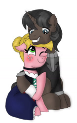 Size: 1024x1641 | Tagged: safe, artist:misseljebel, oc, oc only, earth pony, pony, unicorn, clothes, duo, looking at each other, one eye closed, wink