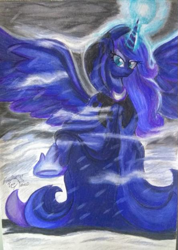 Size: 443x623 | Tagged: safe, artist:shadowingartist, princess luna, alicorn, pony, g4, cape, clothes, hearth's warming eve, magic, magic aura, moon, snow, solo, spread wings, traditional art, wings, winter