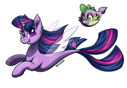 Size: 2269x1575 | Tagged: safe, artist:ratlovera, spike, twilight sparkle, alicorn, fish, puffer fish, seapony (g4), g4, my little pony: the movie, female, fin wings, fish tail, flowing mane, flowing tail, green eyes, horn, male, purple eyes, seaponified, seapony twilight, simple background, smiling, species swap, spike the pufferfish, tail, transparent background, twilight sparkle (alicorn), wings