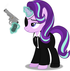 Size: 4309x4377 | Tagged: safe, artist:anime-equestria, starlight glimmer, pony, unicorn, g4, clothes, eyepatch, female, glowing horn, gun, handgun, happy, horn, levitation, magic, magic aura, mare, necktie, revolver, shoes, simple background, smiling, solo, suit, telekinesis, transparent background, vector, weapon