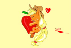 Size: 909x613 | Tagged: safe, artist:@cameron, derpibooru exclusive, applejack, earth pony, pony, g4, apple, cute, female, food, giant apple, happy, hat, heart, hugging an apple, jackabetes, long hair, long mane, long tail, simple background, solo, yellow background
