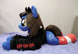 Size: 2000x1372 | Tagged: safe, artist:lanacraft, earth pony, pony, bring me the horizon, clothes, commission, drop dead clothing, equestria girls ponified, hoodie, irl, life size, lying down, male, oliver sykes, photo, plushie, ponified, prone, shirt, socks, solo, sonic the hedgehog, sonic the hedgehog (series), stallion, tattoo, undershirt