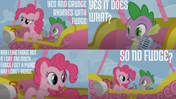 Size: 2000x1125 | Tagged: safe, edit, edited screencap, editor:quoterific, screencap, pinkie pie, spike, dragon, earth pony, pony, fall weather friends, g4, confused, female, lip bite, male, microphone, open mouth