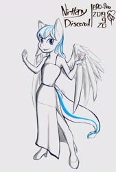 Size: 1378x2039 | Tagged: safe, artist:ero-bee, oc, oc only, oc:cold front, pegasus, anthro, unguligrade anthro, alcohol, clothes, crossdressing, dress, glass, grin, high heels, male, partial color, pegasus oc, shoes, signature, simple background, smiling, solo, wine, wine glass, wings