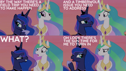 Size: 2000x1125 | Tagged: safe, edit, edited screencap, editor:quoterific, screencap, princess celestia, princess luna, alicorn, pony, a royal problem, g4, annoyed, celestia is not amused, crown, displeased, embarrassed, ethereal mane, eyeshadow, female, glare, hoof shoes, jewelry, makeup, mare, morning, multicolored mane, open mouth, regalia, royal sisters, sheepish grin, shocked, siblings, sisters, sunrise, unamused