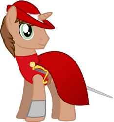Size: 1108x1184 | Tagged: safe, alternate version, artist:amgiwolf, oc, oc only, oc:heroic armour, pony, unicorn, background removed, clothes, hat, horn, looking back, male, simple background, smiling, solo, stallion, sword, transparent background, unicorn oc, weapon