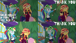 Size: 2000x1125 | Tagged: safe, edit, edited screencap, editor:quoterific, screencap, applejack, fluttershy, rainbow dash, sci-twi, sunset shimmer, twilight sparkle, human, equestria girls, equestria girls specials, g4, my little pony equestria girls: better together, my little pony equestria girls: sunset's backstage pass, eyes closed, female, gritted teeth, hurting, open mouth