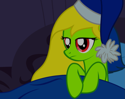 Size: 1005x794 | Tagged: safe, artist:amgiwolf, oc, oc only, oc:viexy ams, pegasus, pony, bed, blanket, eyelashes, female, frown, indoors, mare, nightcap, pegasus oc, solo