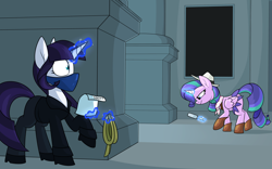 Size: 3020x1889 | Tagged: safe, artist:moonatik, oc, oc only, alicorn, pony, unicorn, a thousand nights in a hallway, alicorn oc, bandana, boots, clothes, commission, cowboy boots, cowboy hat, detective, female, hat, horn, mare, museum, paper, rope, scarf, shoes, unicorn oc, wings