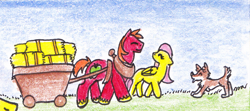 Size: 1087x481 | Tagged: safe, artist:tristanjsolarez, edit, big macintosh, fluttershy, winona, dog, earth pony, pegasus, pony, g4, cart, cropped, female, hay bale, looking at each other, male, ship:fluttermac, shipping, straight, traditional art