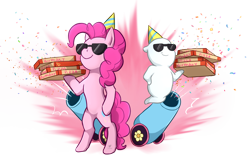 Size: 1024x644 | Tagged: safe, artist:foxhatart, pinkie pie, ghost, pony, undead, g4, bipedal, food, party cannon, pizza, sunglasses