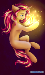 Size: 1200x2000 | Tagged: safe, artist:tokokami, sunset shimmer, pony, unicorn, g4, dock, female, fiery shimmer, fire, glowing, looking at something, mare, missing cutie mark, profile, solo