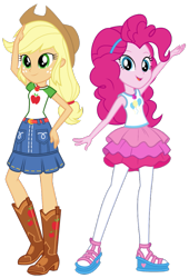 Size: 679x998 | Tagged: editor needed, safe, artist:twilirity, edit, applejack, pinkie pie, equestria girls, g4, my little pony equestria girls: better together, belt, boots, clothes, cowboy boots, cowboy hat, cutie mark on clothes, denim, denim skirt, duo, duo female, female, geode of sugar bombs, geode of super strength, hairband, hand on hip, hat, jewelry, just friends, looking at you, magical geodes, necklace, open mouth, pantyhose, rah rah skirt, shirt, shoes, simple background, skirt, stetson, stockings, t-shirt, tank top, thigh highs, transparent background, vector