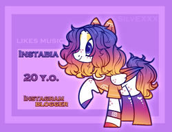 Size: 1401x1080 | Tagged: safe, artist:silvexxx01, oc, oc only, oc:instabia, pegasus, pony, clothes, eyeshadow, female, freckles, instagram, makeup, mare, multicolored hair, ponified, raised hoof, reference sheet, shirt, socks, solo, t-shirt, unshorn fetlocks, wristband